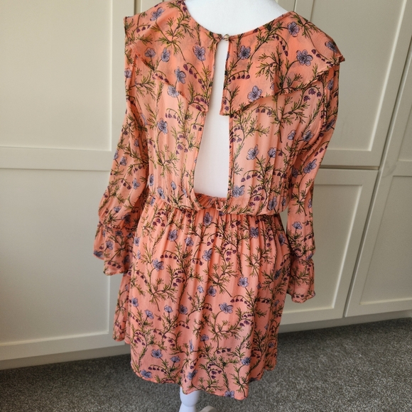 Free People Pink Floral Summer Mini Dress Ruffle Tie Cute Medium - Picture 3 of 16